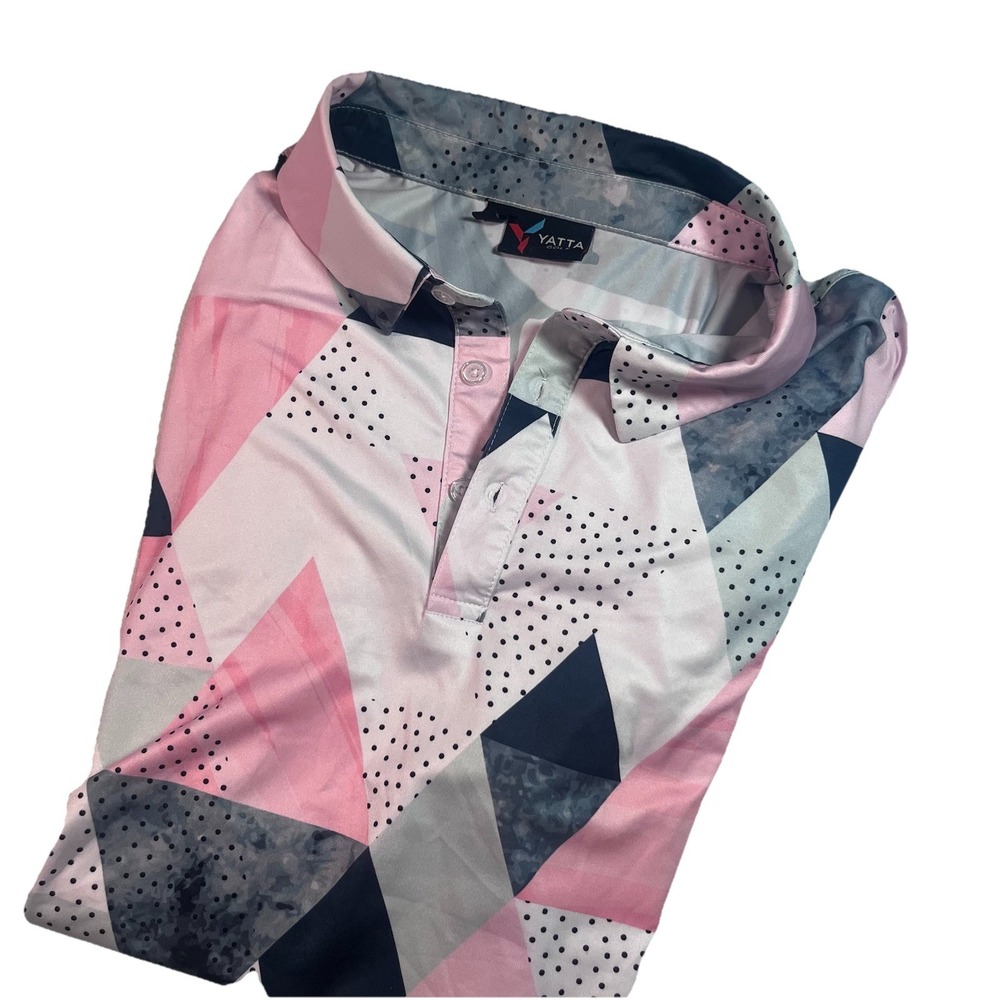 Yatta Golf Men's Polo Shirt Size L Pink Geometric Pattern Stretchy Moisture Wick
